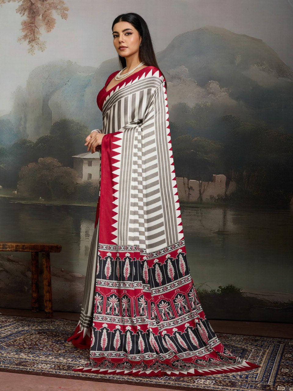 Womenline Crimson Grey Striped Saree with Heritage Ethnic Printed Designer Pallu