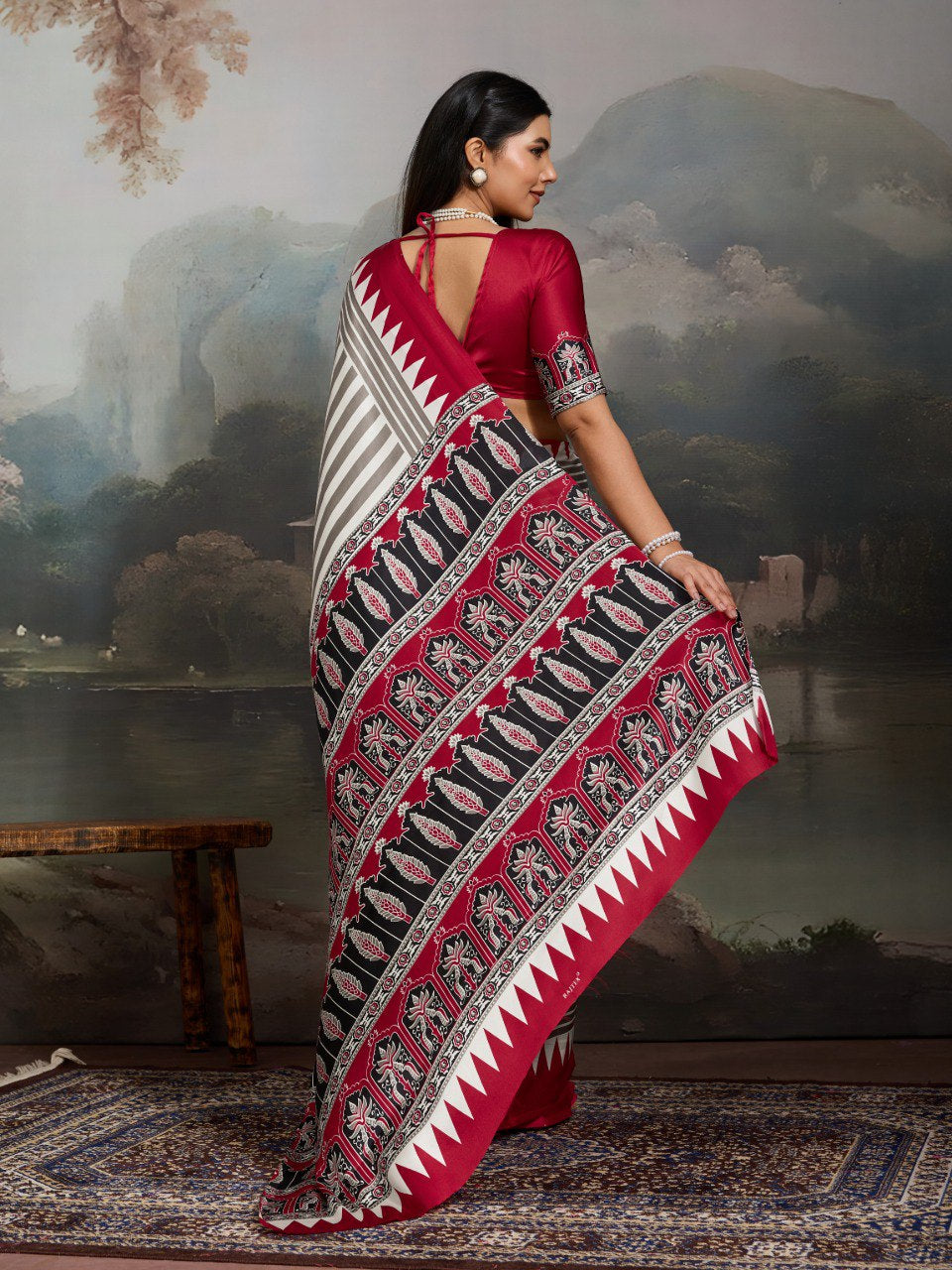 Womenline Crimson Grey Striped Saree with Heritage Ethnic Printed Designer Pallu