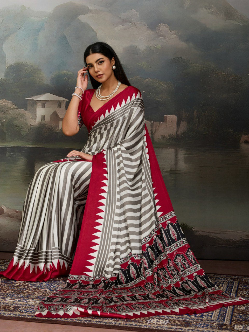 Womenline Crimson Grey Striped Saree with Heritage Ethnic Printed Designer Pallu