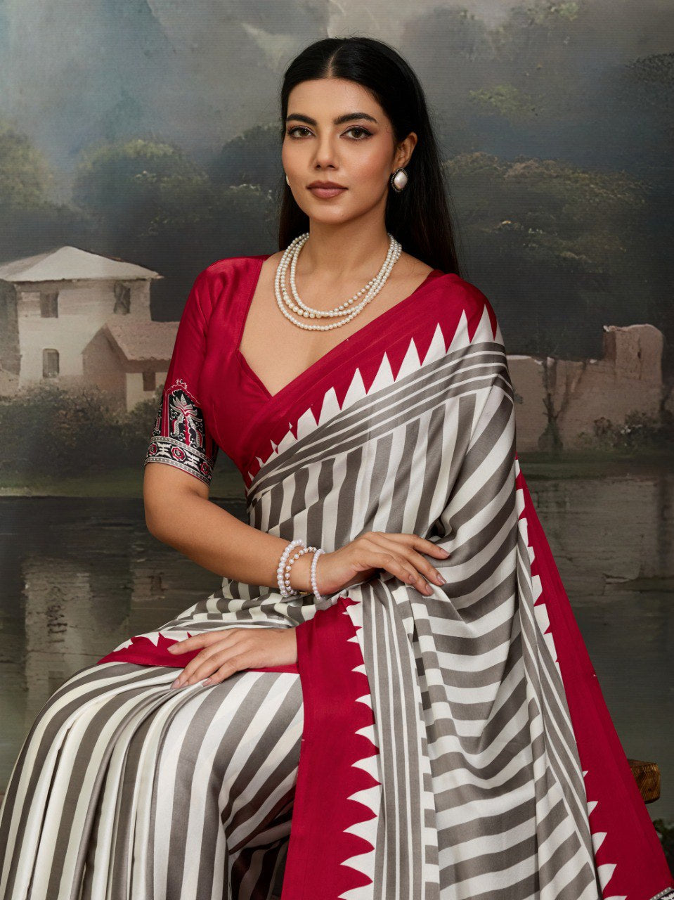 Womenline Crimson Grey Striped Saree with Heritage Ethnic Printed Designer Pallu