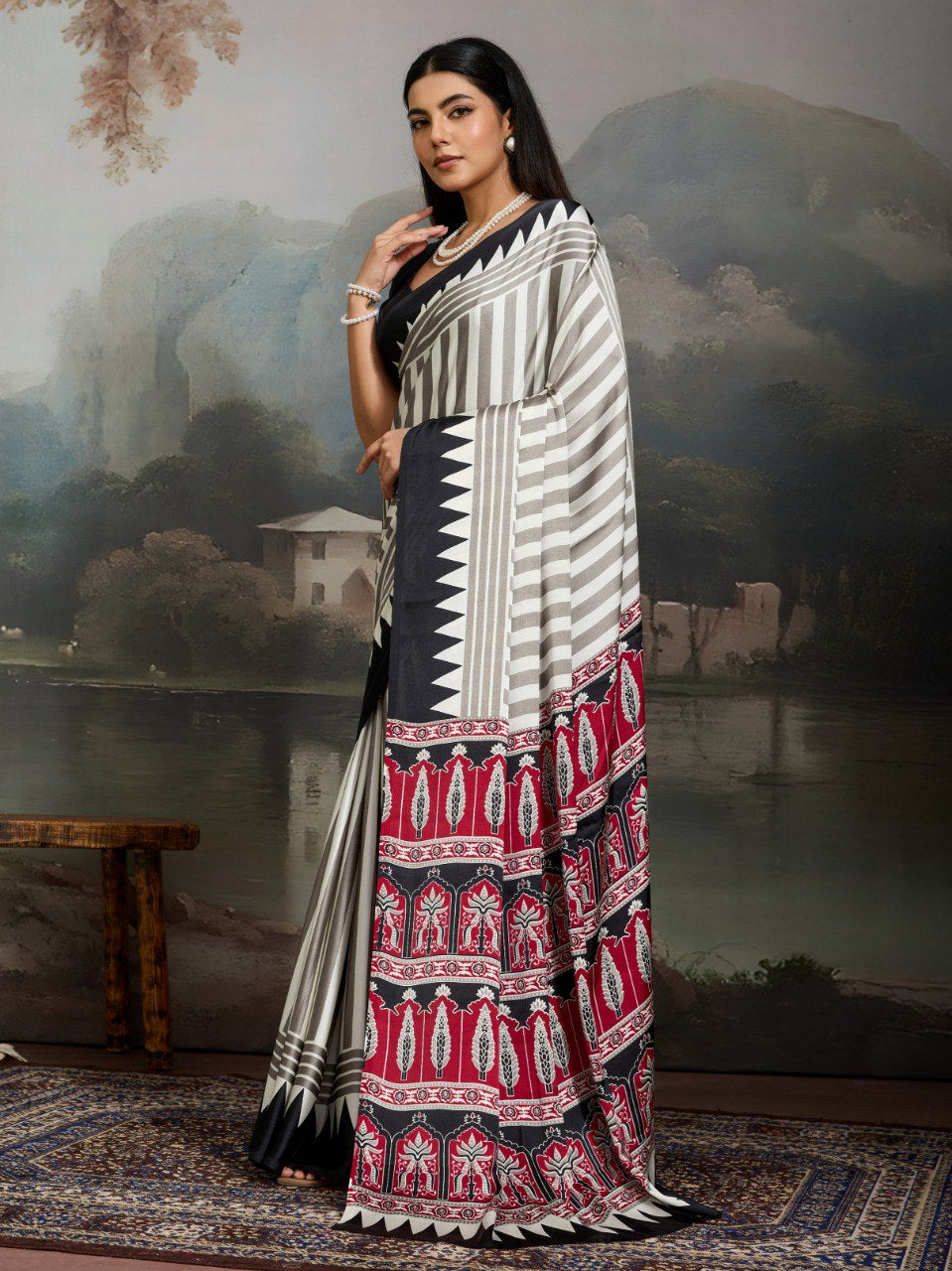 Womenline Monochrome Red Heritage Print Saree With Ethnic Designer Pallu