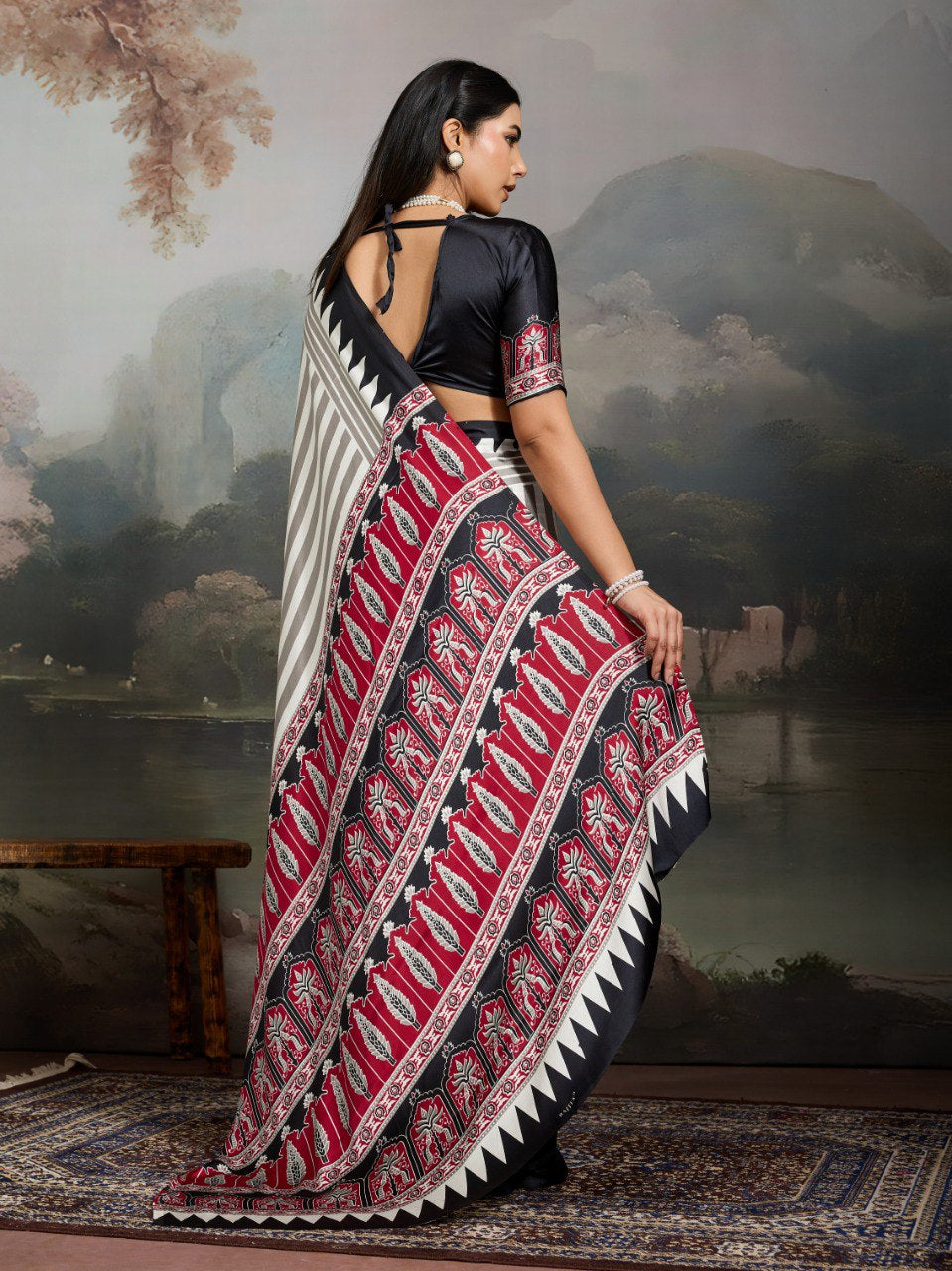 Womenline Monochrome Red Heritage Print Saree With Ethnic Designer Pallu