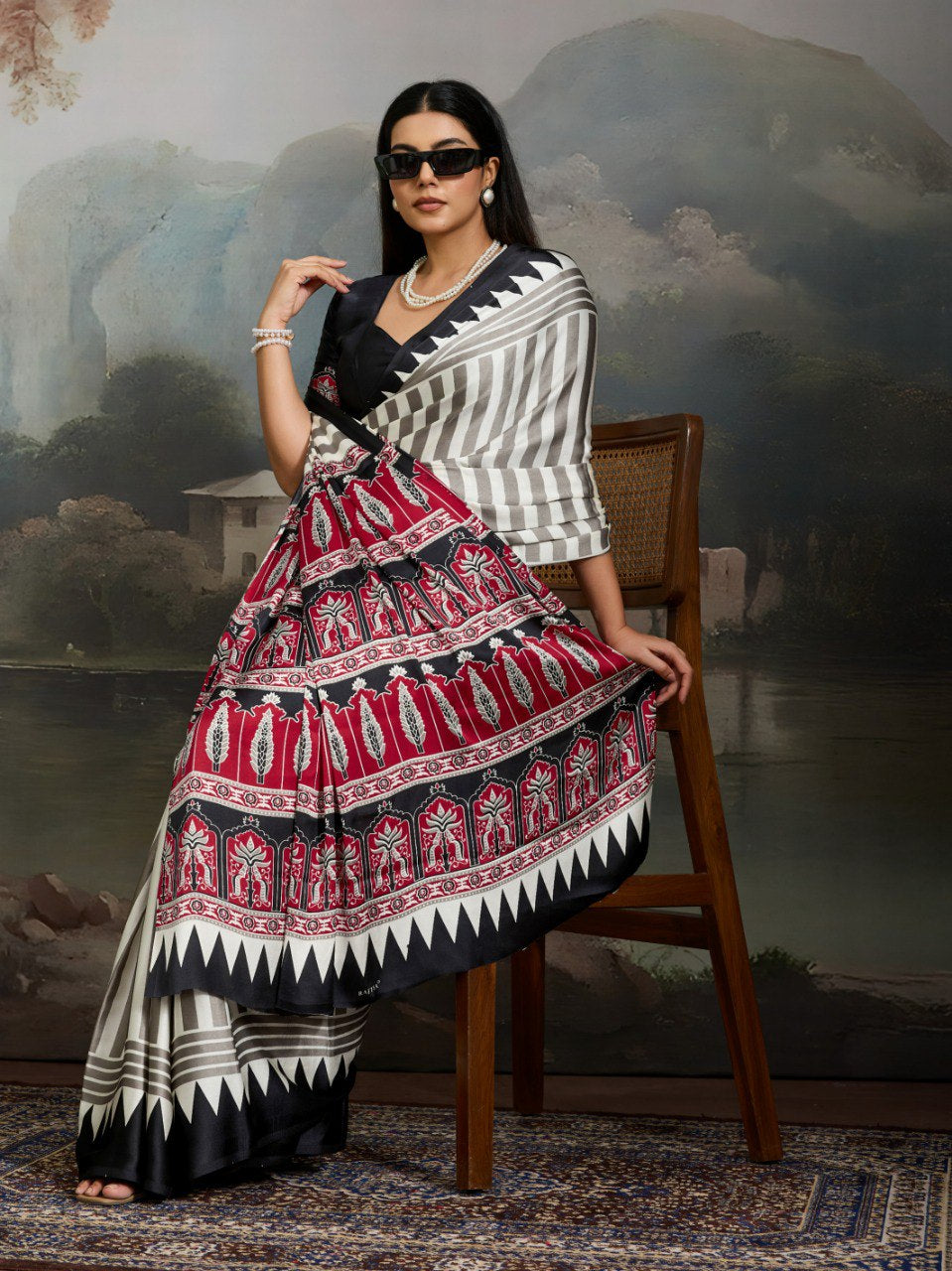 Womenline Monochrome Striped Designer Saree with Red Ethnic Printed Pallu