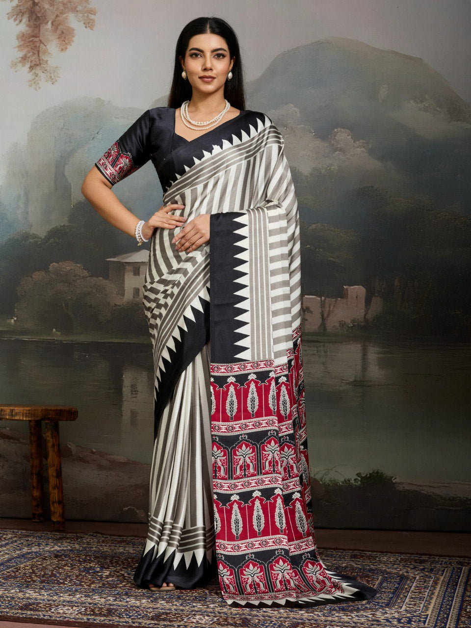Womenline Monochrome Striped Designer Saree with Red Ethnic Printed Pallu