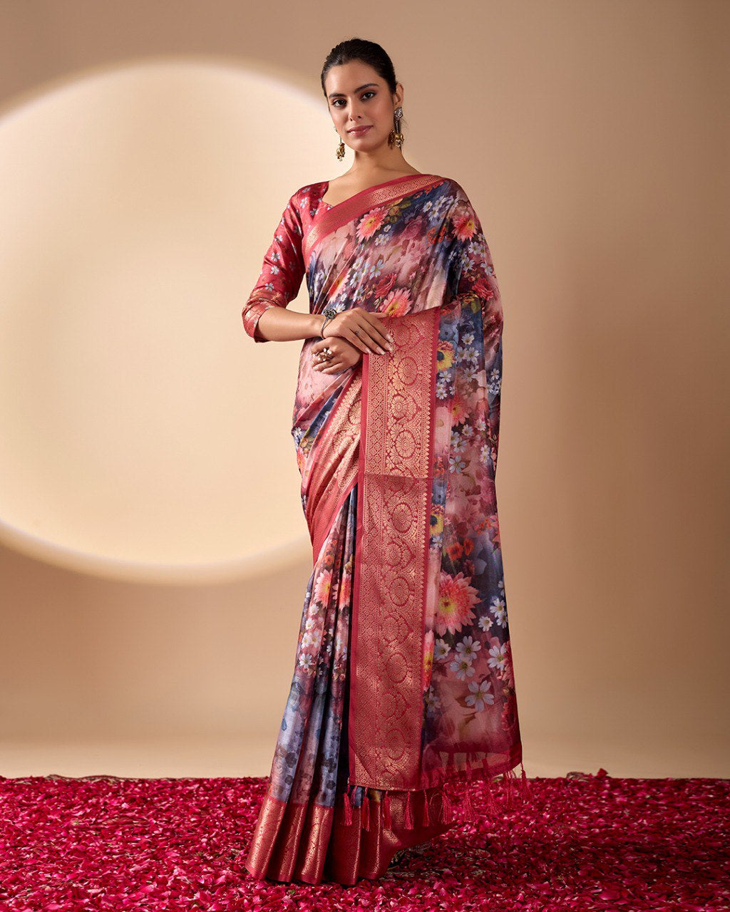Womenline Crimson Bloom Floral Printed Saree with Rich Zari Border & Designer Pallu