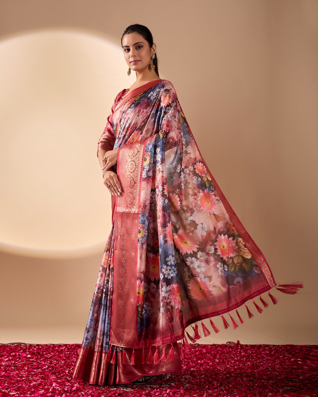 Womenline Crimson Bloom Floral Printed Saree with Rich Zari Border & Designer Pallu
