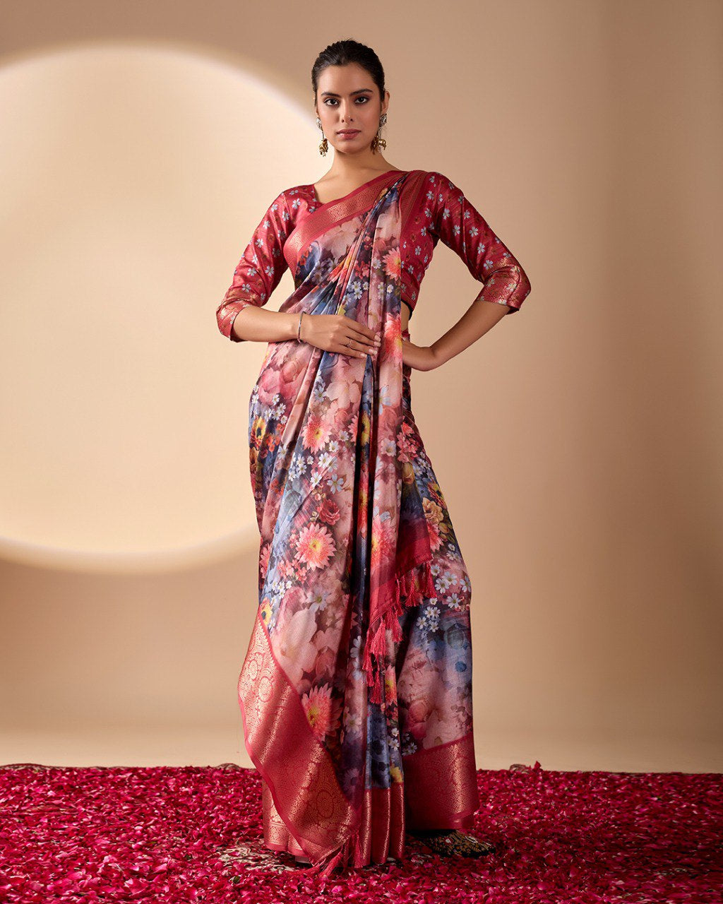 Womenline Crimson Bloom Floral Printed Saree with Rich Zari Border & Designer Pallu