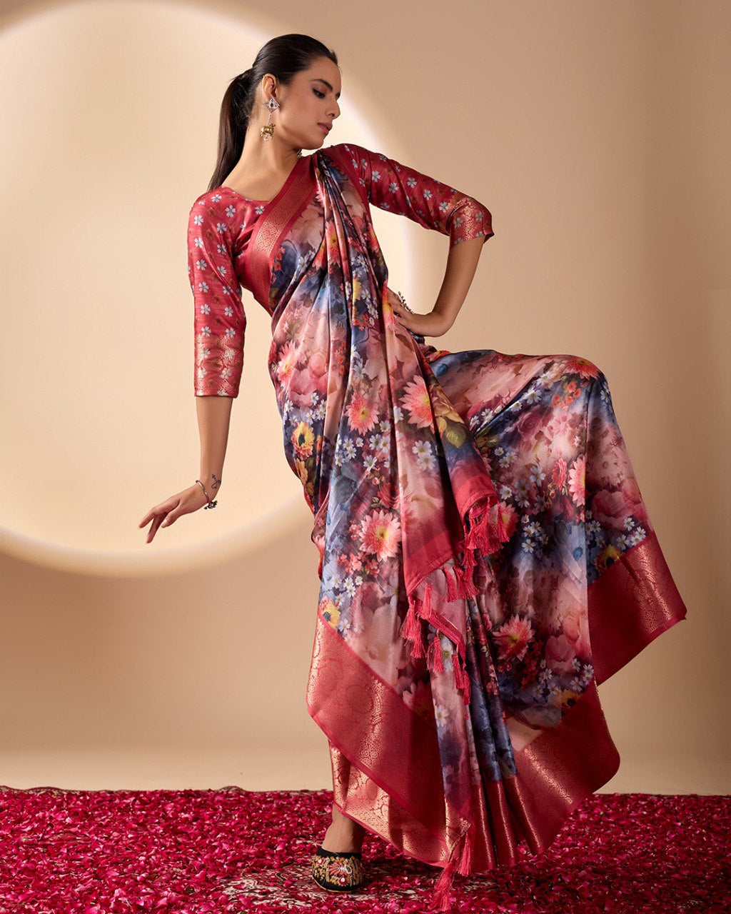 Womenline Crimson Bloom Floral Printed Saree with Rich Zari Border & Designer Pallu