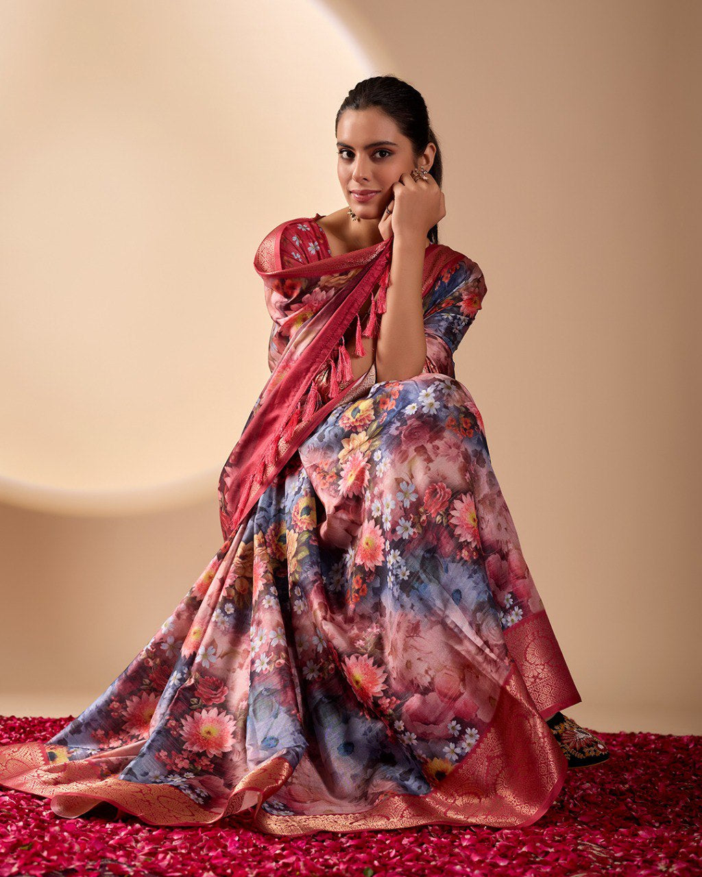 Womenline Crimson Bloom Floral Printed Saree with Rich Zari Border & Designer Pallu