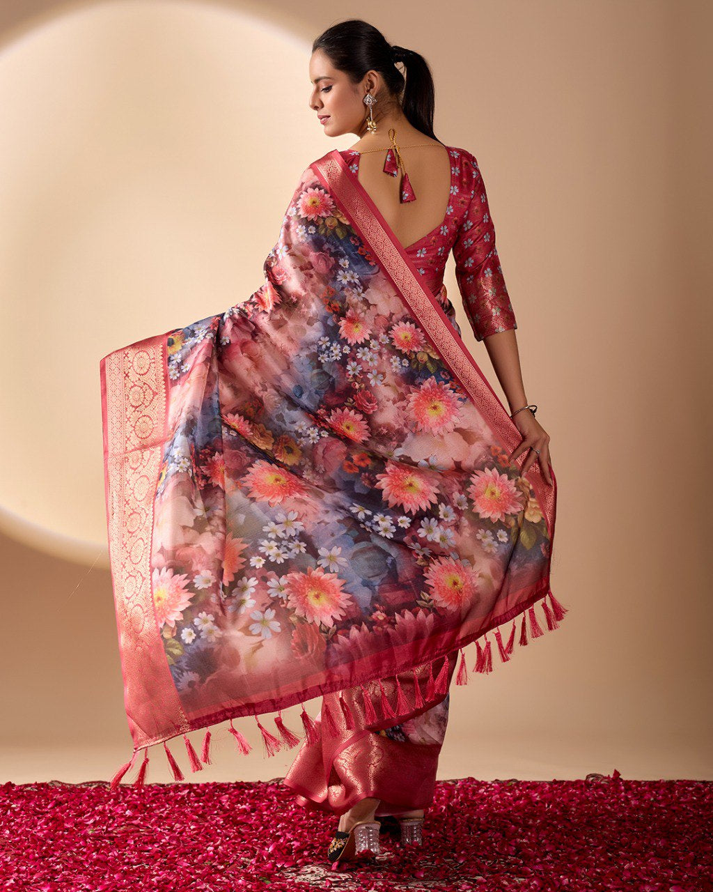 Womenline Crimson Bloom Floral Printed Saree with Rich Zari Border & Designer Pallu