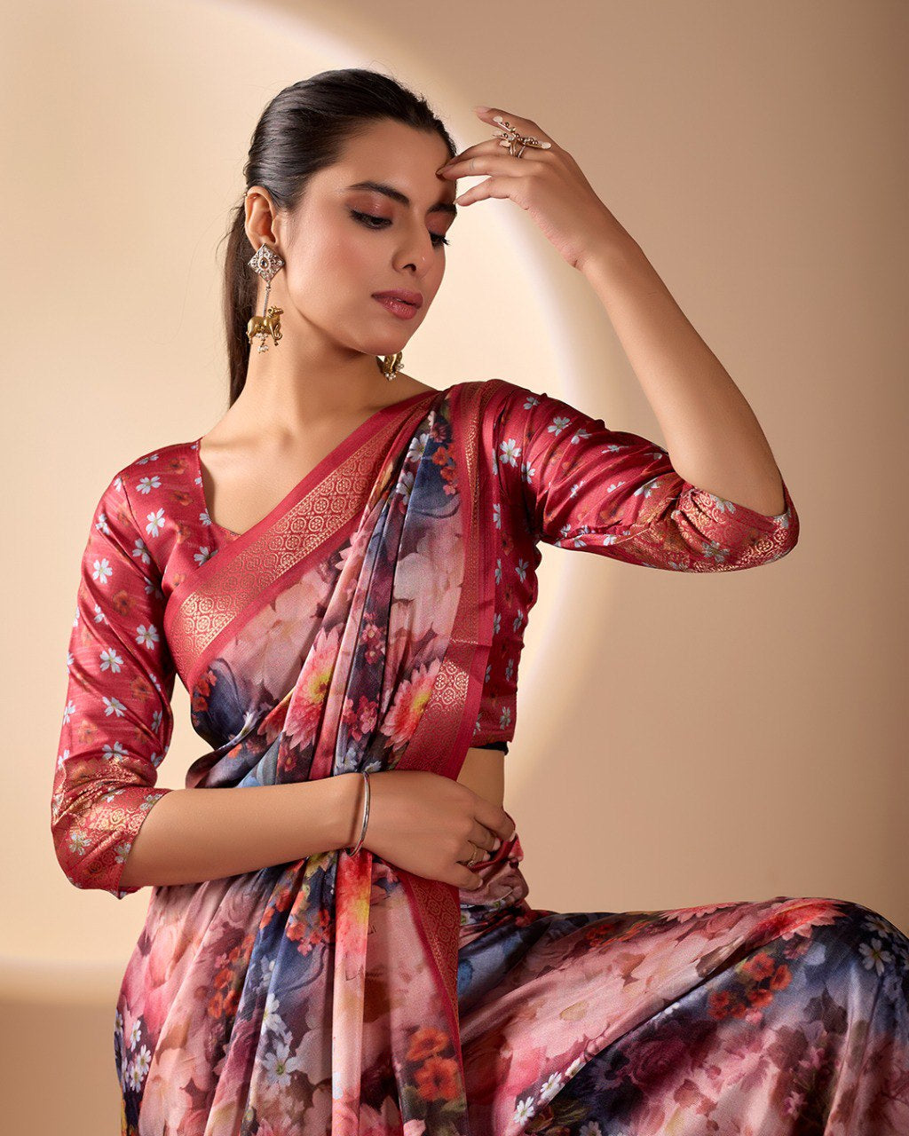 Womenline Crimson Bloom Floral Printed Saree with Rich Zari Border & Designer Pallu