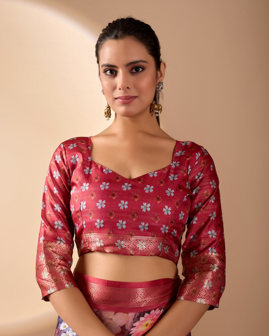Womenline Crimson Bloom Floral Printed Saree with Rich Zari Border & Designer Pallu