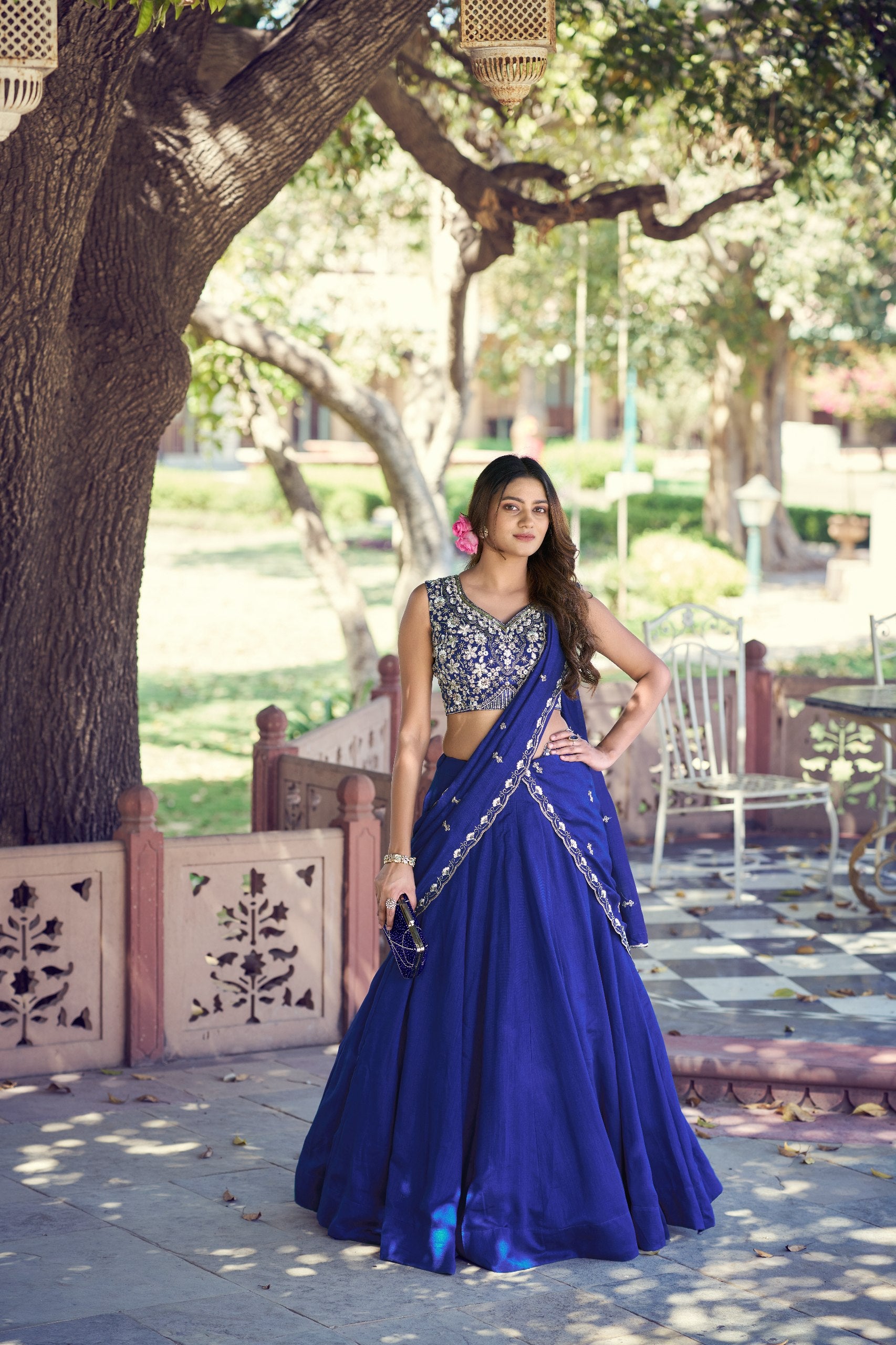 Womenline Royal Blue Designer Lehenga Saree with Embroidered Blouse