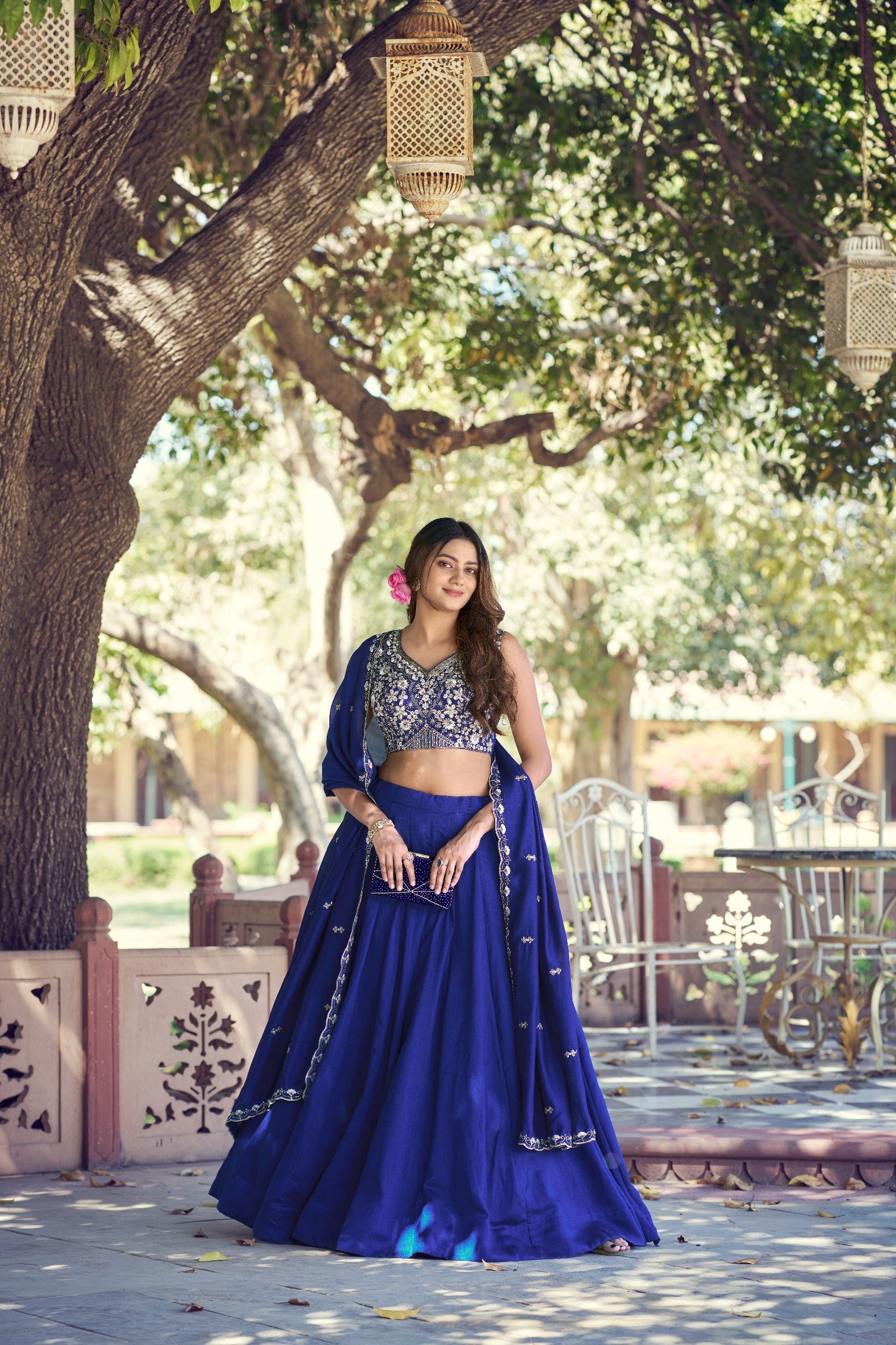 Womenline Royal Blue Designer Lehenga Saree with Embroidered Blouse