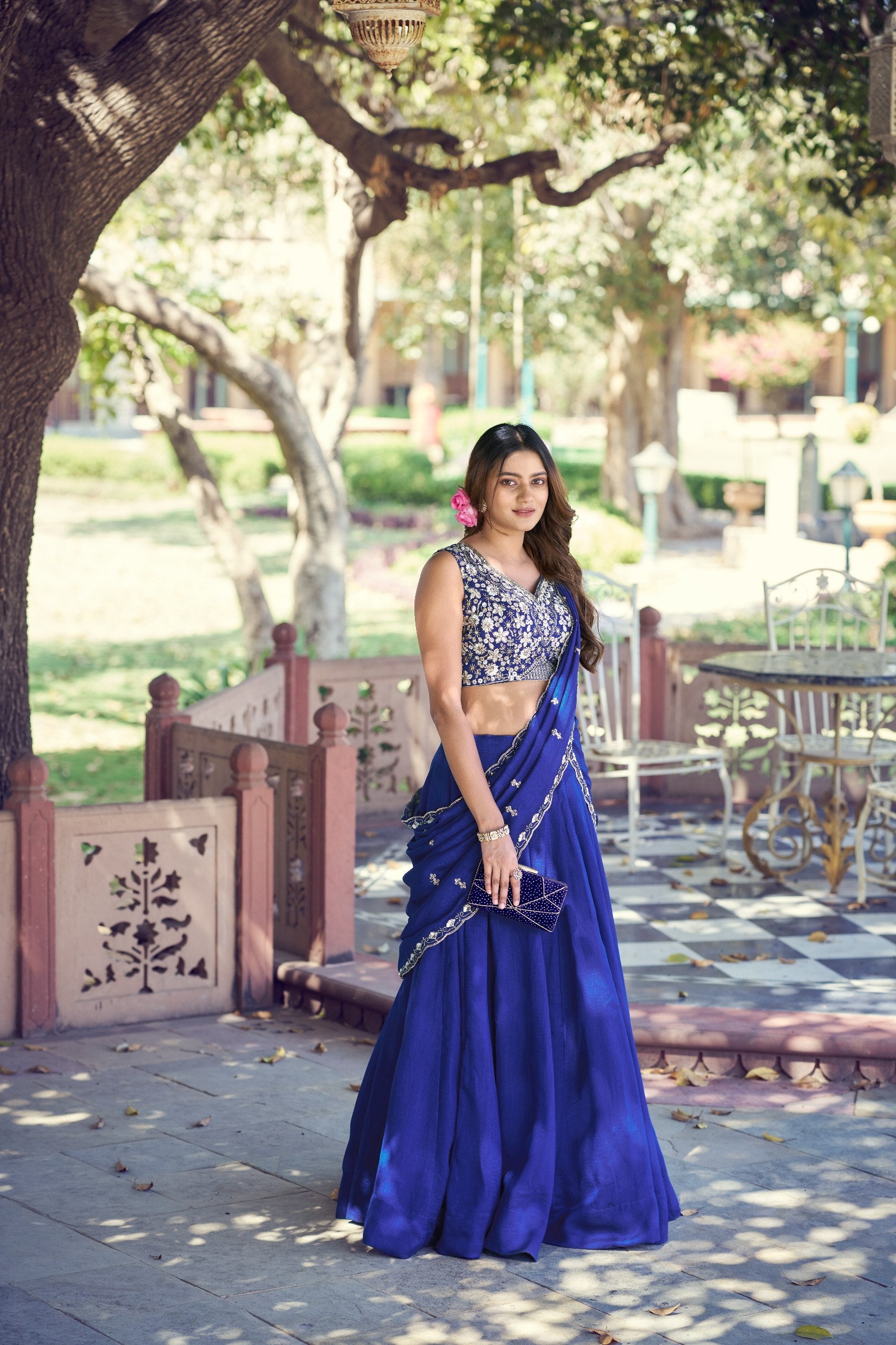 Womenline Royal Blue Designer Lehenga Saree with Embroidered Blouse