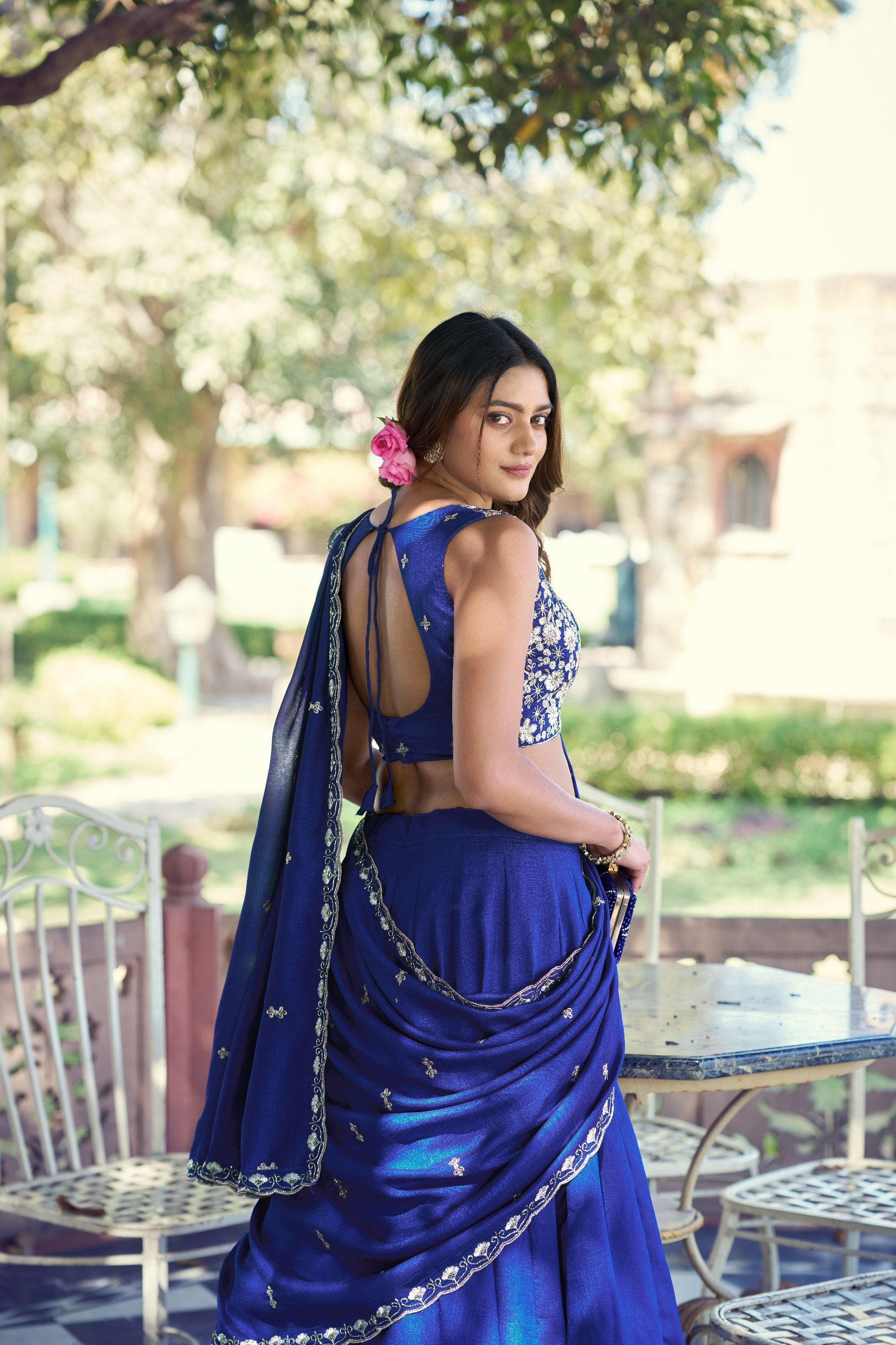 Womenline Royal Blue Designer Lehenga Saree with Embroidered Blouse