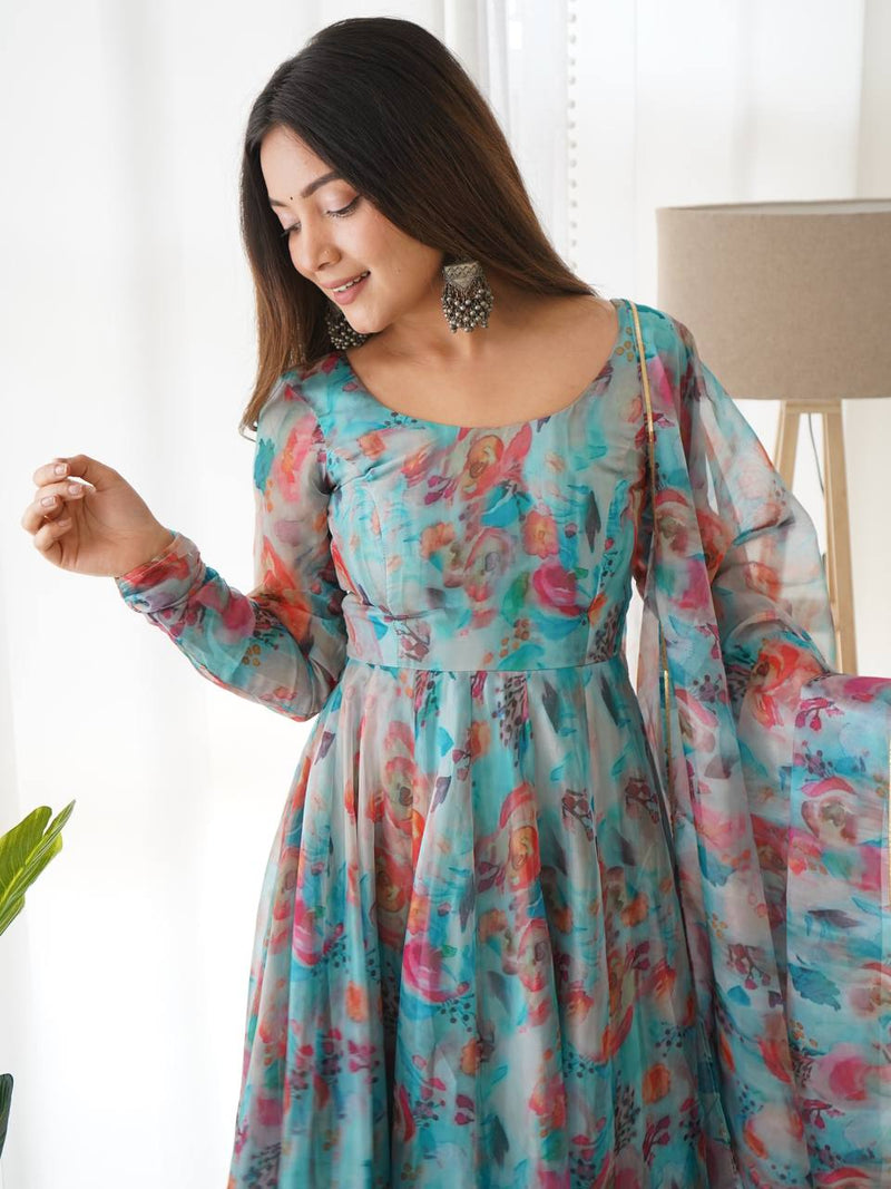 WomenLine Sky Blue Multi Color Print Organza Three Piece Anarkali Suit