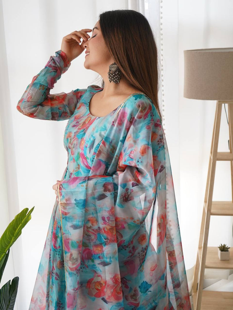 WomenLine Sky Blue Multi Color Print Organza Three Piece Anarkali Suit