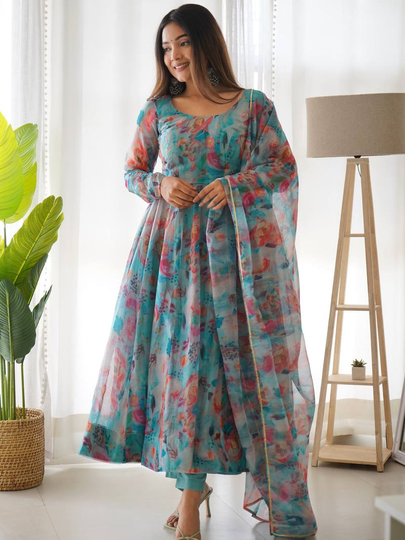 WomenLine Sky Blue Multi Color Print Organza Three Piece Anarkali Suit