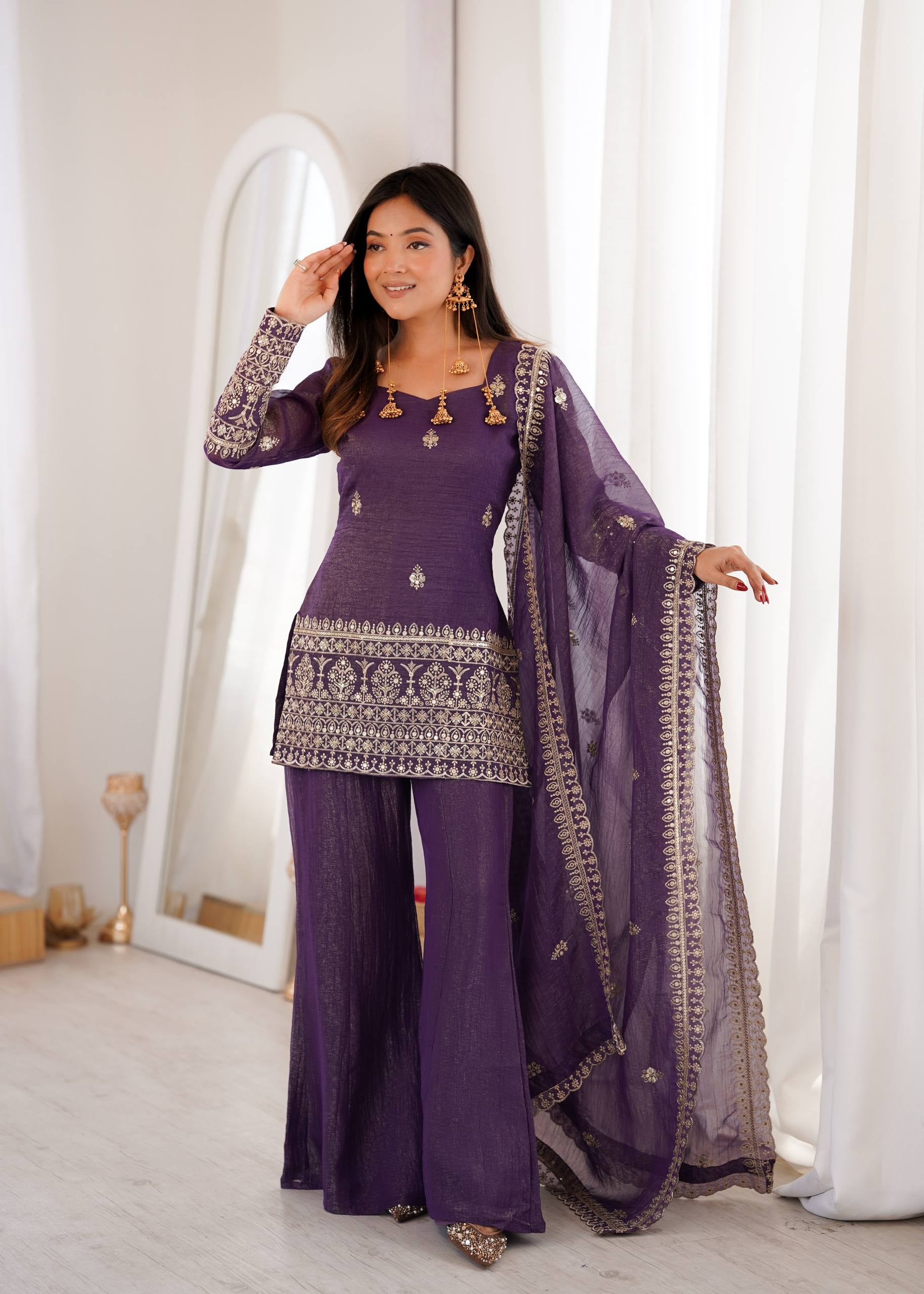 Womenline Royal Purple Embroidered Kurta Sharara Set with Dupatta