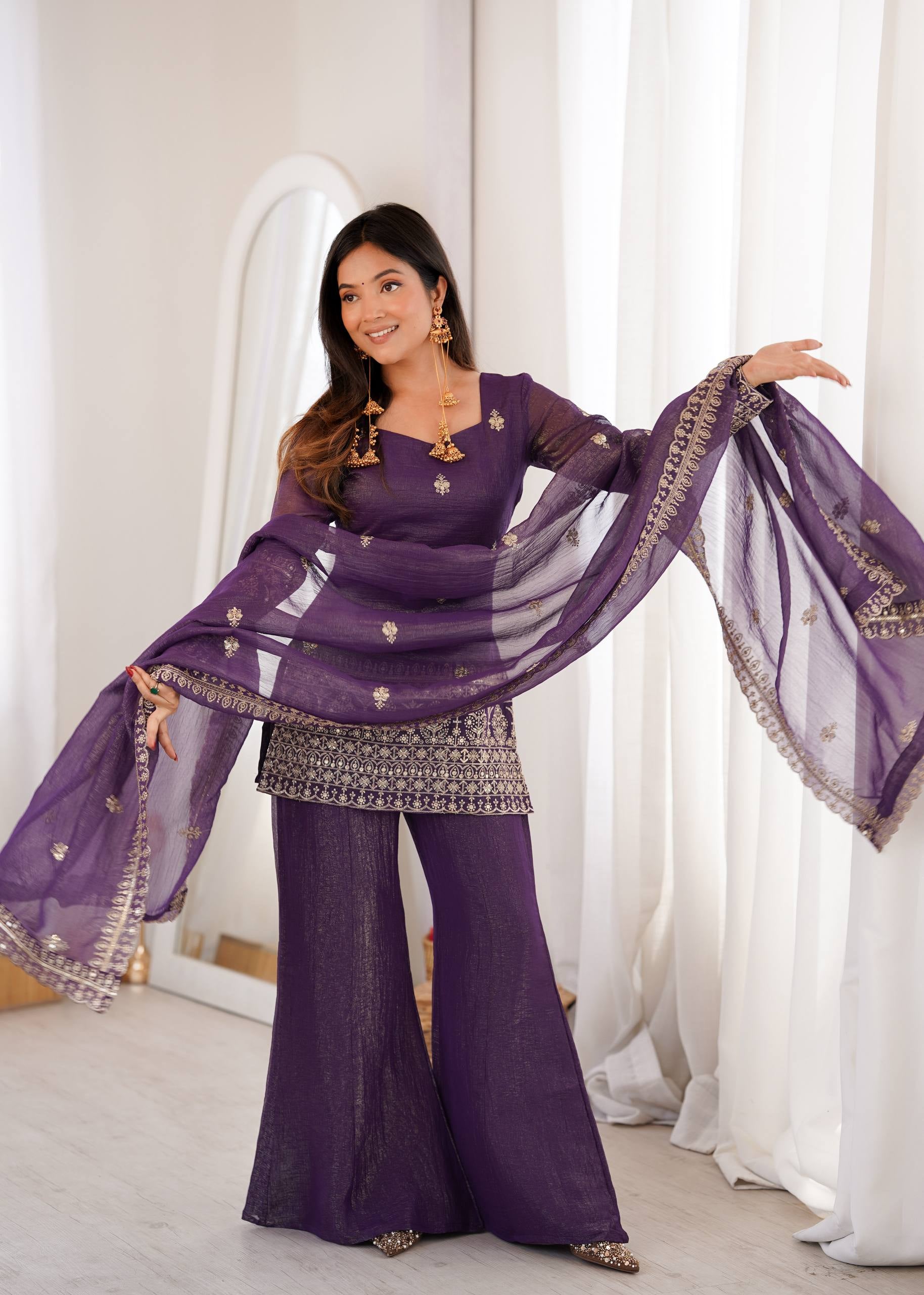 Womenline Royal Purple Embroidered Kurta Sharara Set with Dupatta
