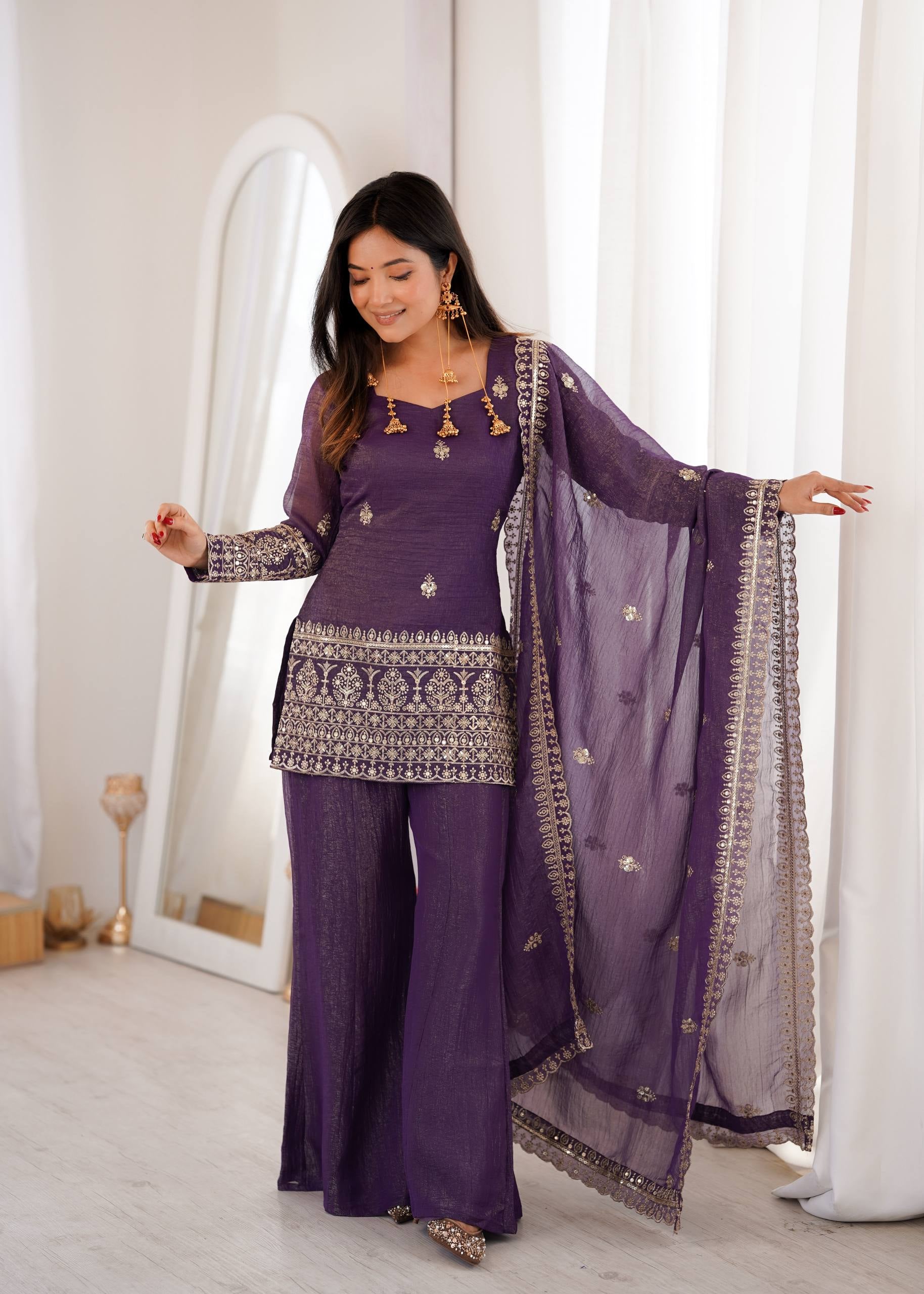Womenline Royal Purple Embroidered Kurta Sharara Set with Dupatta