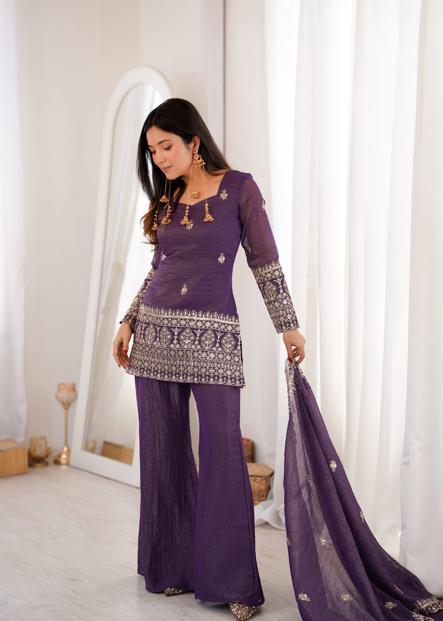 Womenline Royal Purple Embroidered Kurta Sharara Set with Dupatta