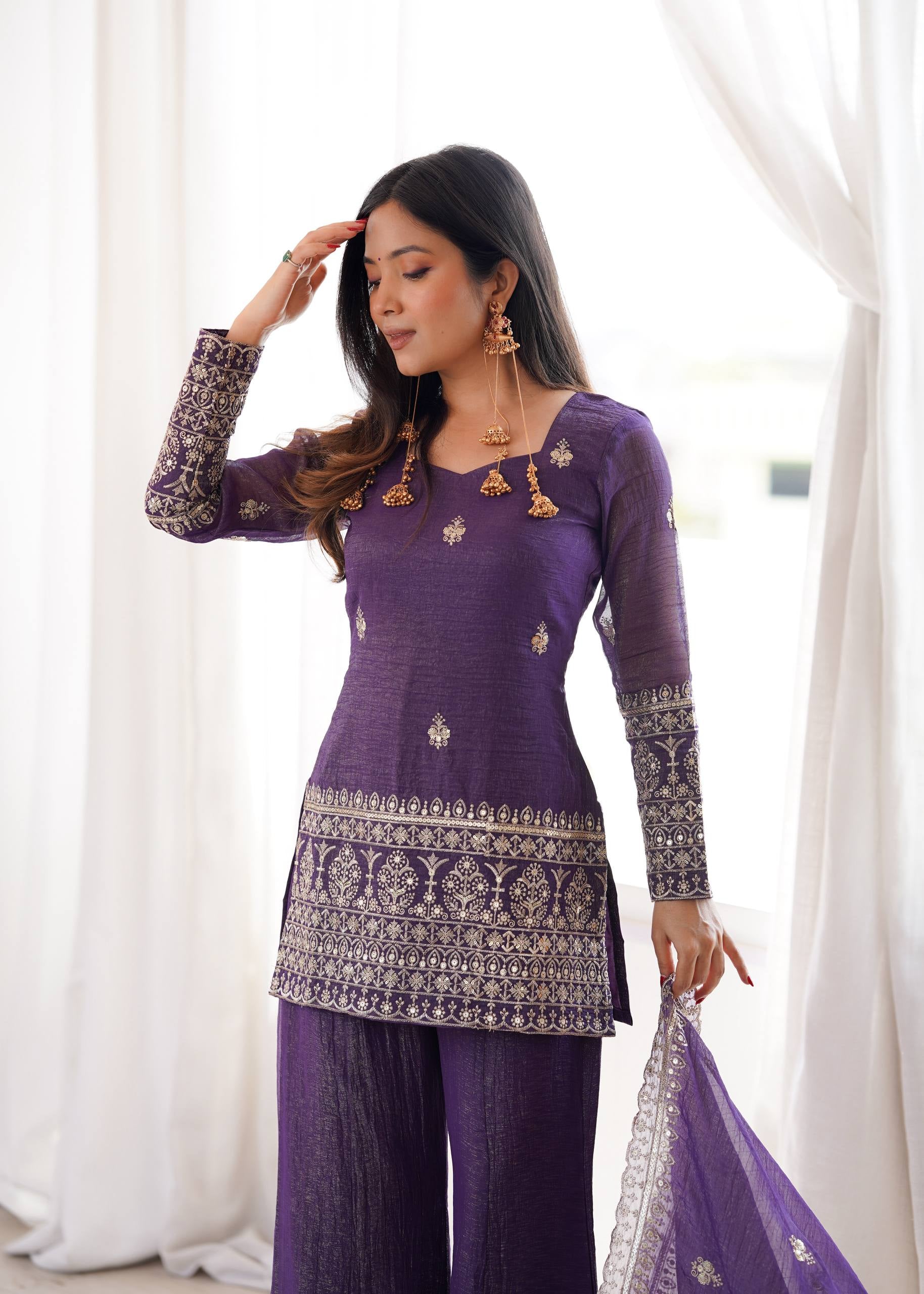 Womenline Royal Purple Embroidered Kurta Sharara Set with Dupatta