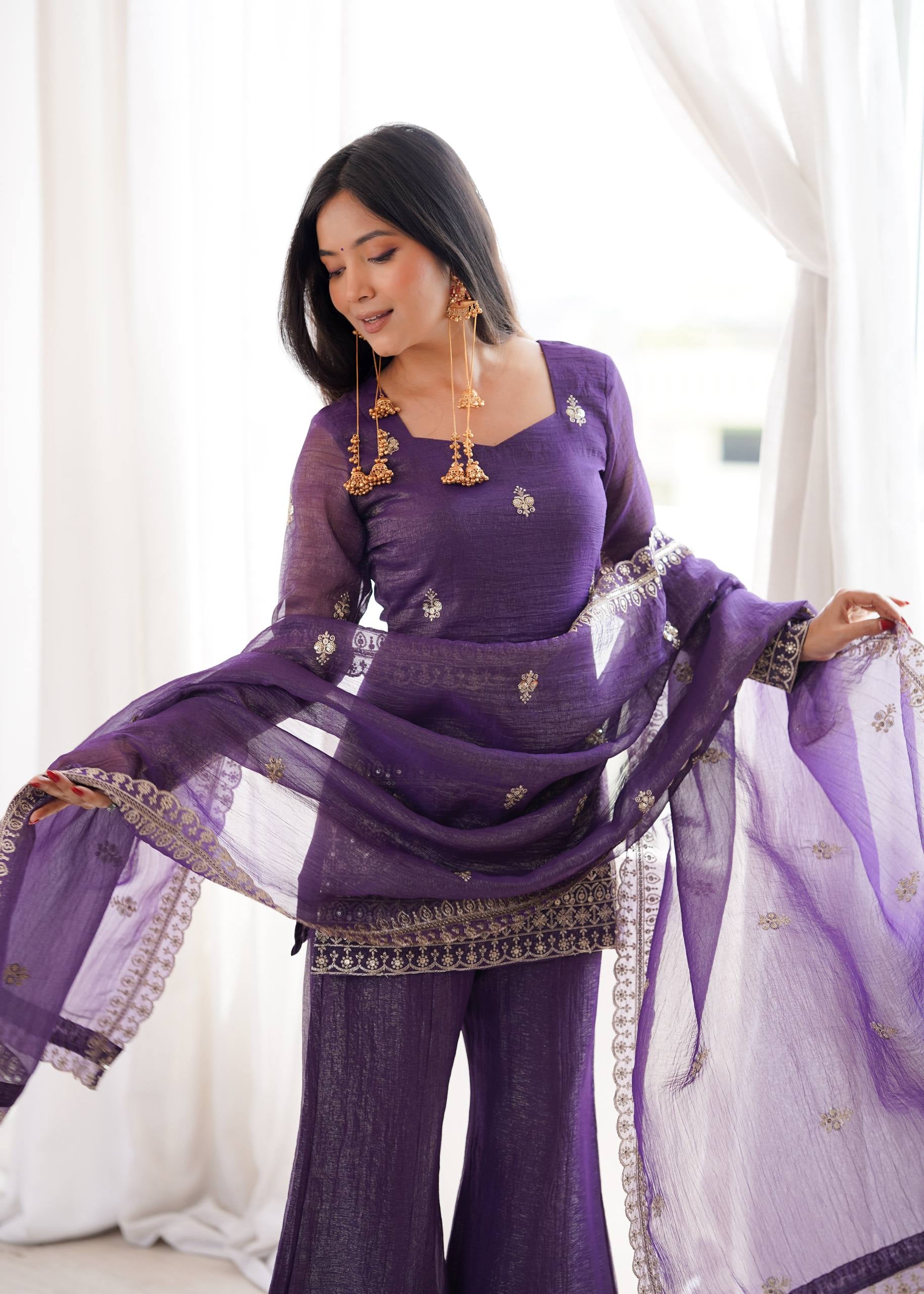Womenline Royal Purple Embroidered Kurta Sharara Set with Dupatta