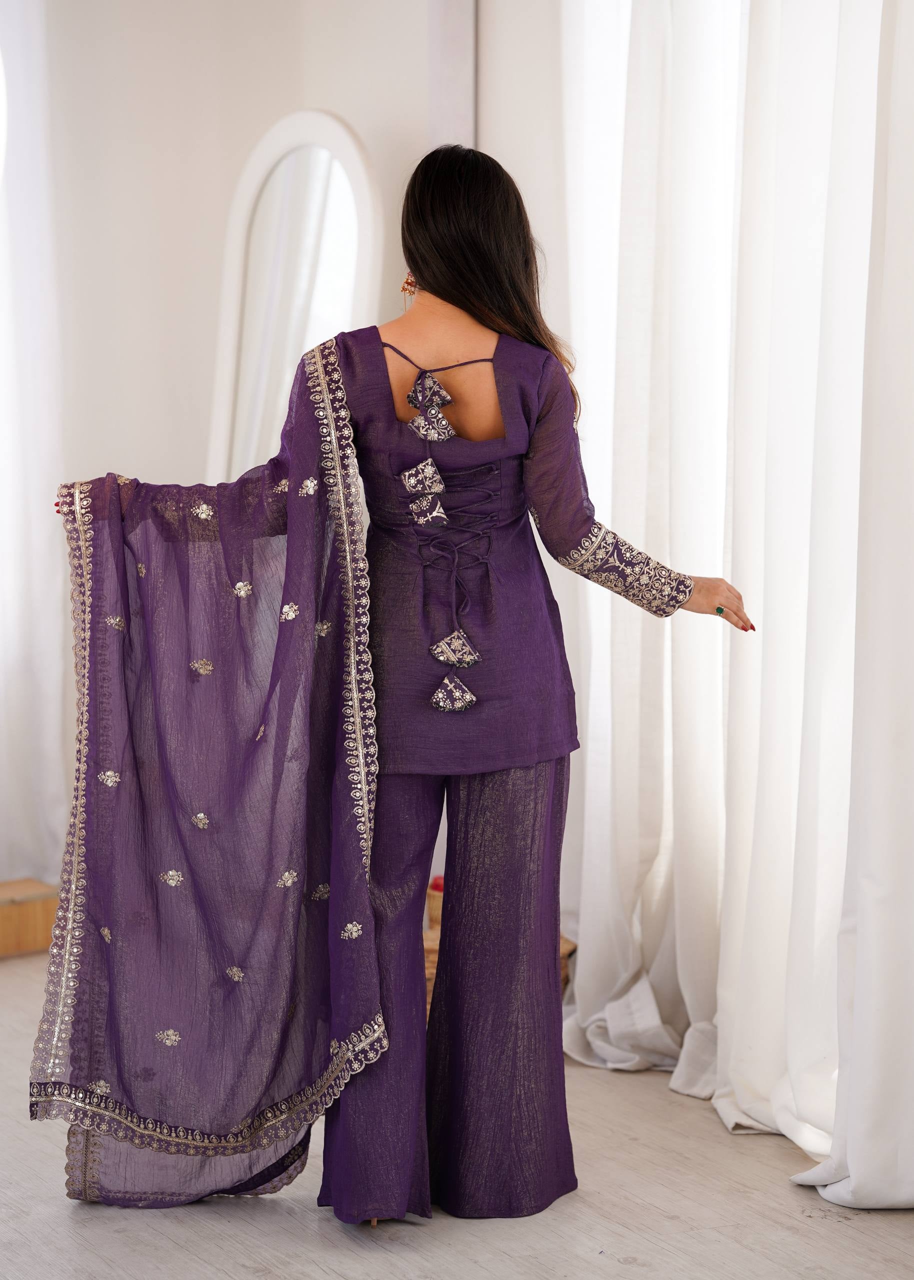 Womenline Royal Purple Embroidered Kurta Sharara Set with Dupatta