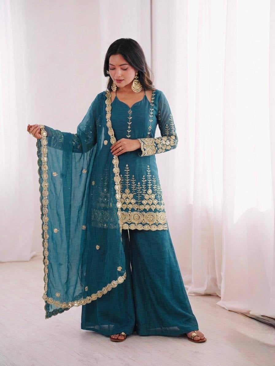 Womenline Ocean Sapphire Embroidered Sharara Suit Set with Designer Dupatta