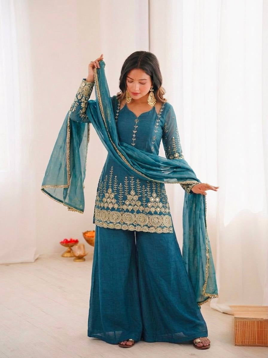 Womenline Ocean Sapphire Embroidered Sharara Suit Set with Designer Dupatta