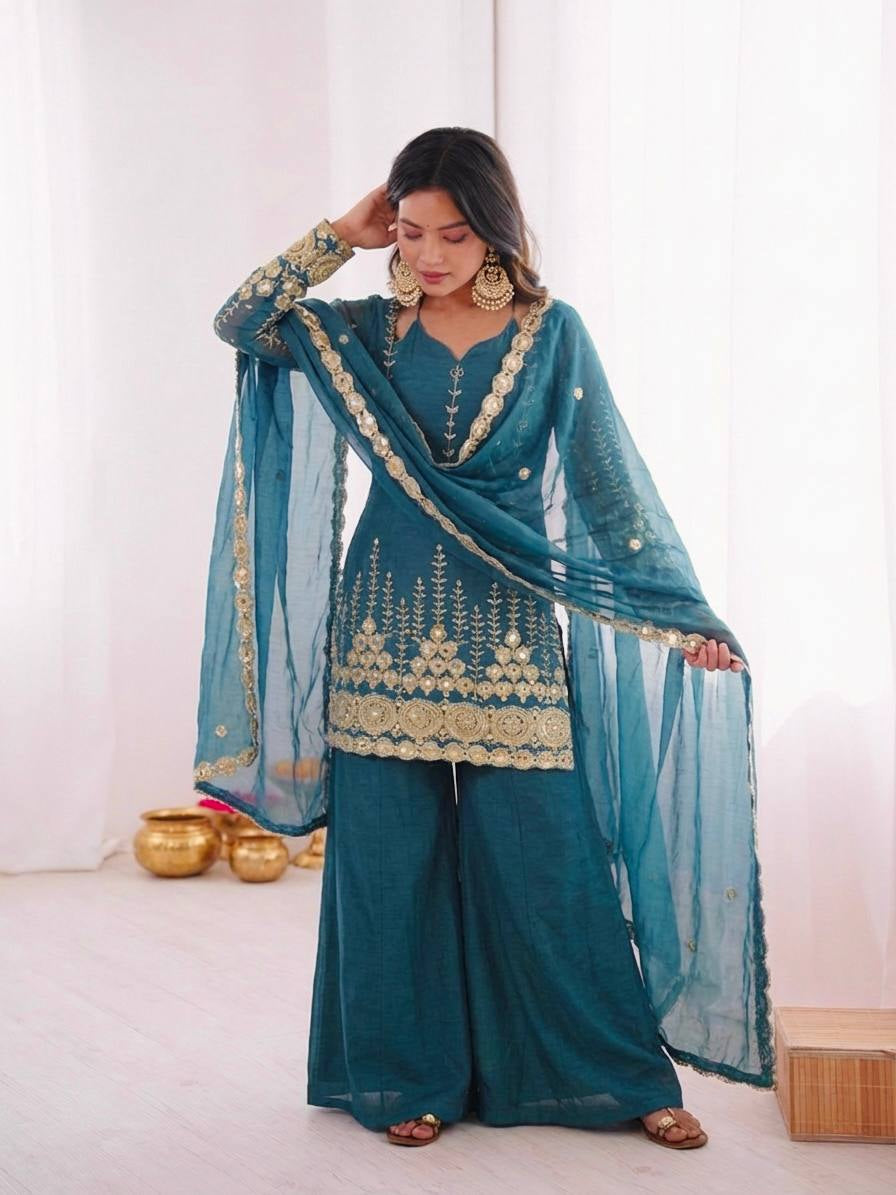 Womenline Ocean Sapphire Embroidered Sharara Suit Set with Designer Dupatta