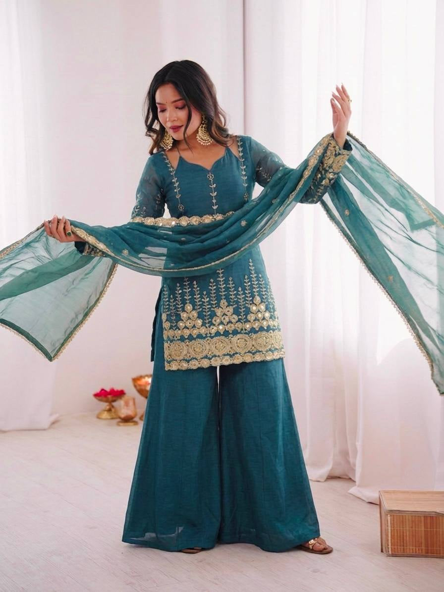Womenline Ocean Sapphire Embroidered Sharara Suit Set with Designer Dupatta