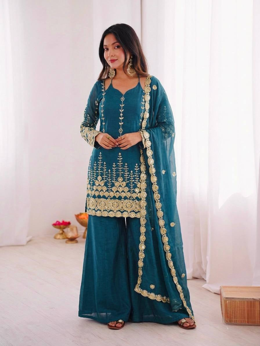 Womenline Ocean Sapphire Embroidered Sharara Suit Set with Designer Dupatta