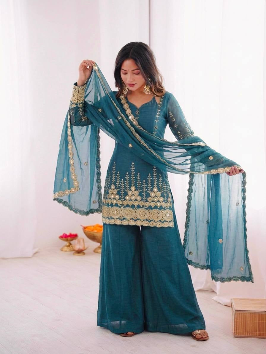 Womenline Ocean Sapphire Embroidered Sharara Suit Set with Designer Dupatta