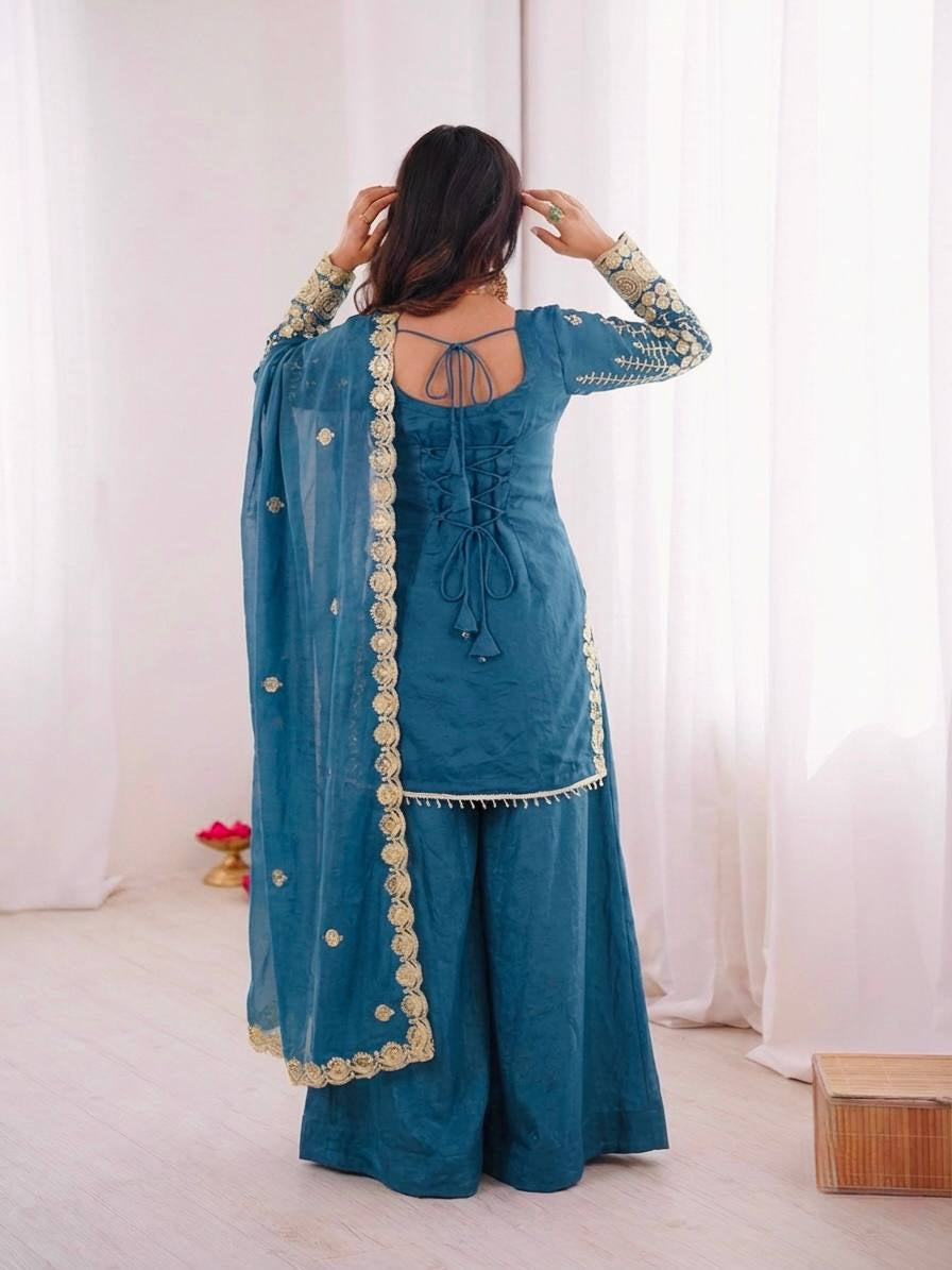 Womenline Ocean Sapphire Embroidered Sharara Suit Set with Designer Dupatta