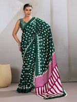 Womenline Emerald Green Heart Print Designer Saree with Magenta Geometric Statement Pallu