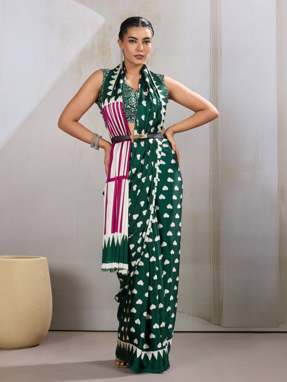 Womenline Emerald Green Heart Print Designer Saree with Magenta Geometric Statement Pallu