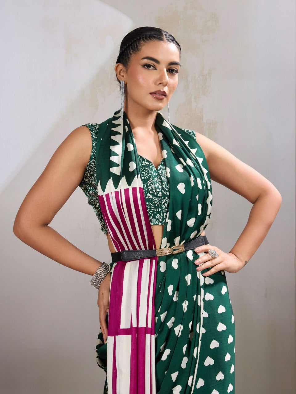 Womenline Emerald Green Heart Print Designer Saree with Magenta Geometric Statement Pallu