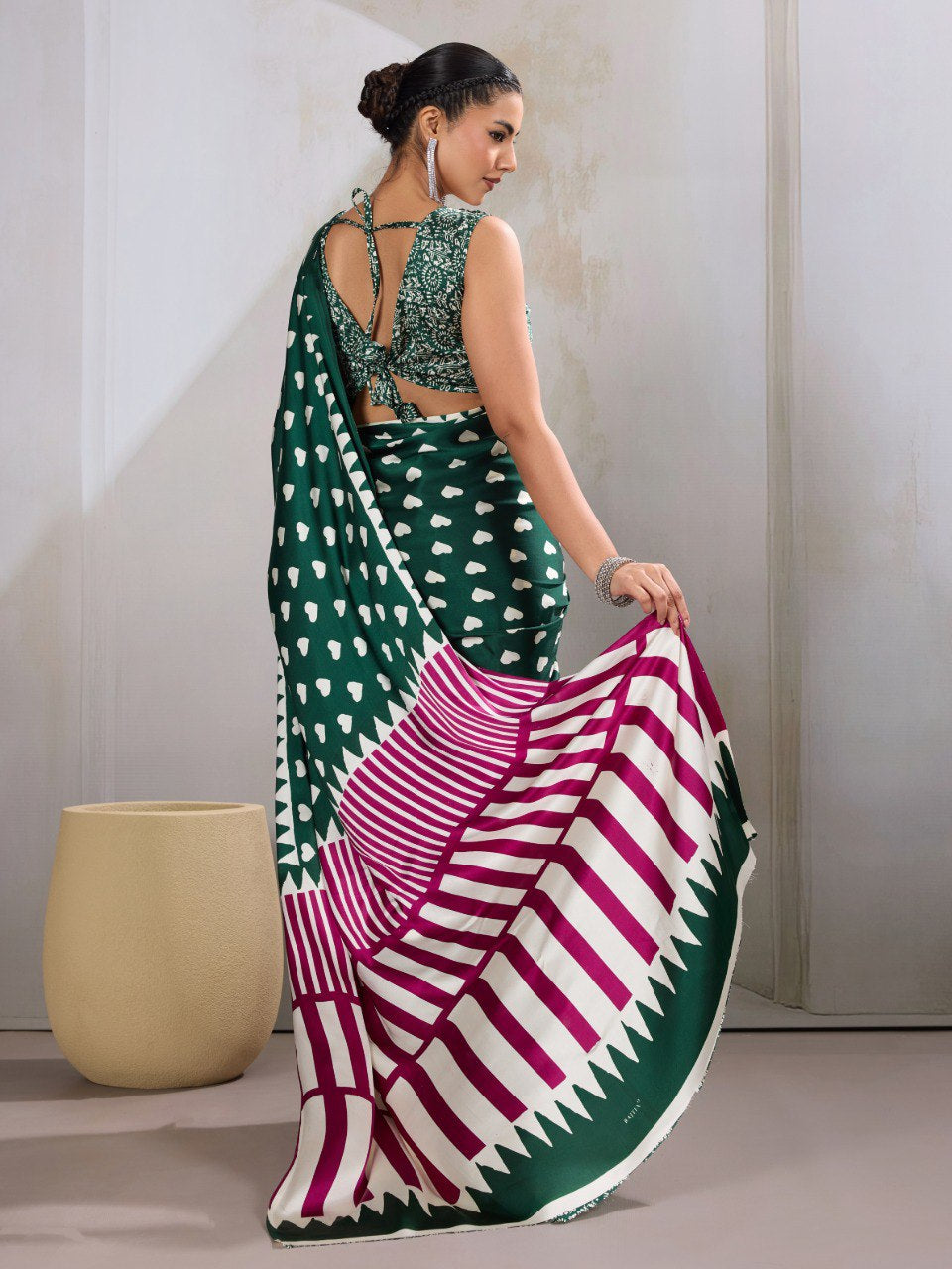 Womenline Emerald Green Heart Print Designer Saree with Magenta Geometric Statement Pallu