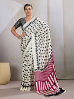 Womenline White & Black Heart Print Designer Saree with Magenta Geometric Statement Pallu