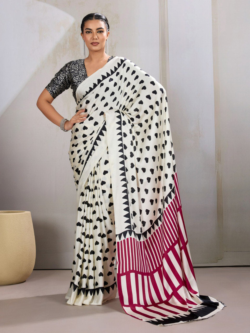 Womenline White & Black Heart Print Designer Saree with Magenta Geometric Statement Pallu