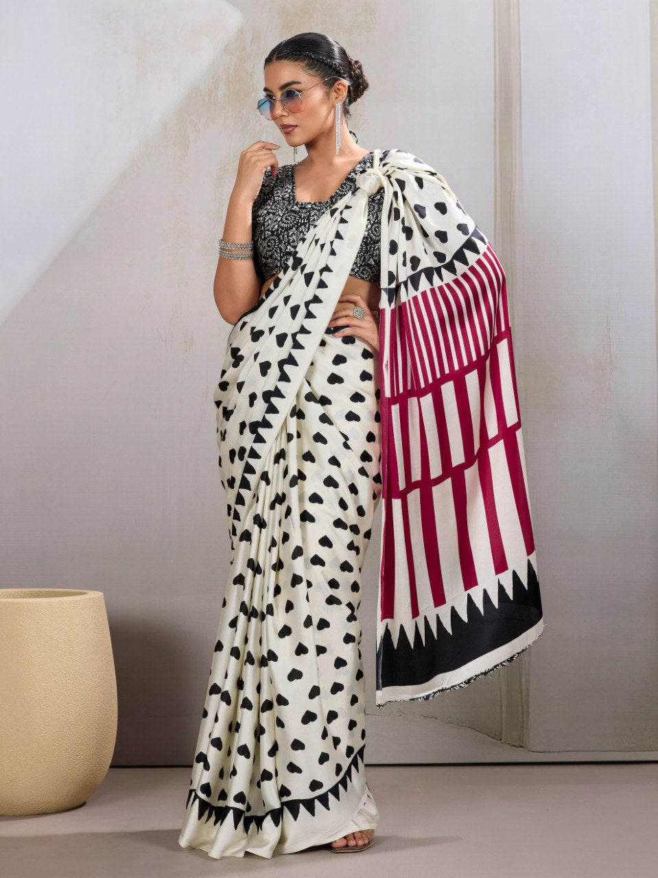 Womenline White & Black Heart Print Designer Saree with Magenta Geometric Statement Pallu