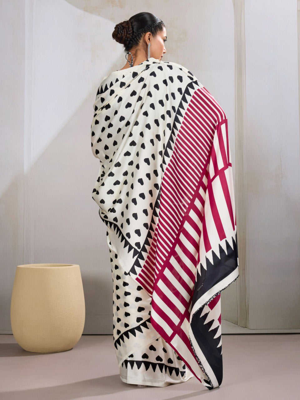 Womenline White & Black Heart Print Designer Saree with Magenta Geometric Statement Pallu