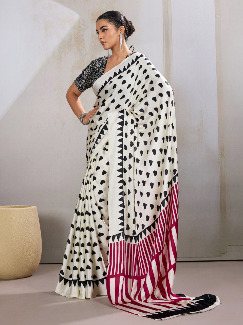 Womenline White & Black Heart Print Designer Saree with Magenta Geometric Statement Pallu