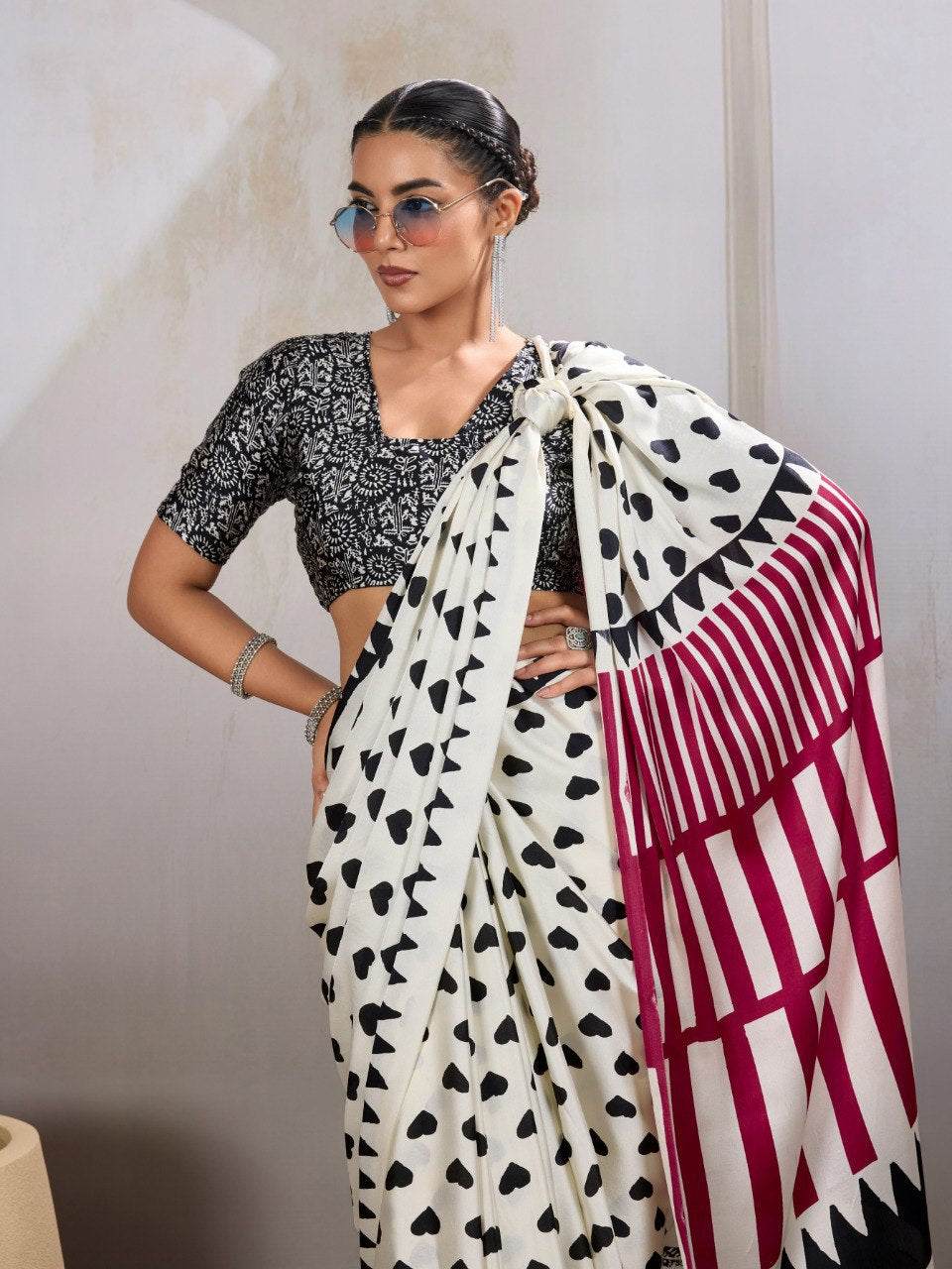 Womenline White & Black Heart Print Designer Saree with Magenta Geometric Statement Pallu