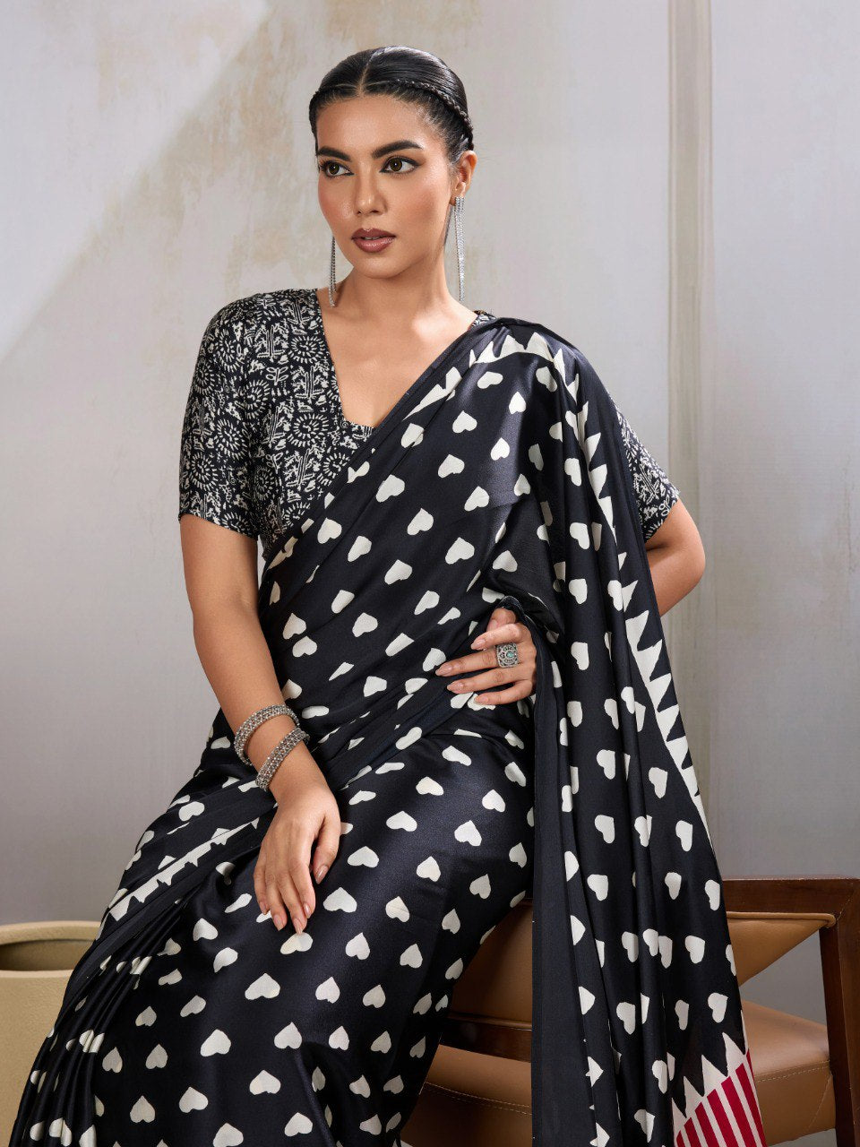 Womenline Black Heart Print Designer Saree with Pink Geometric Statement Pallu