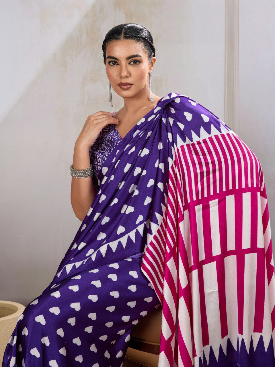 Womenline Royal Purple Heart Print Saree with Pink Geometric Designer Pallu