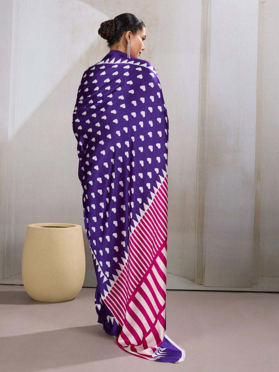 Womenline Royal Purple Heart Print Saree with Pink Geometric Designer Pallu